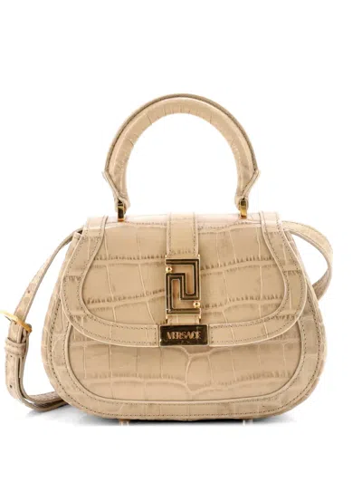 Pre-owned Versace Greca Goddess Top Handle Bag Crocodile Embossed Leather Mini Satchel In Neutral