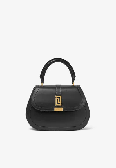 Versace Greca Goddess Top Handle Bag In Calf Leather In Black