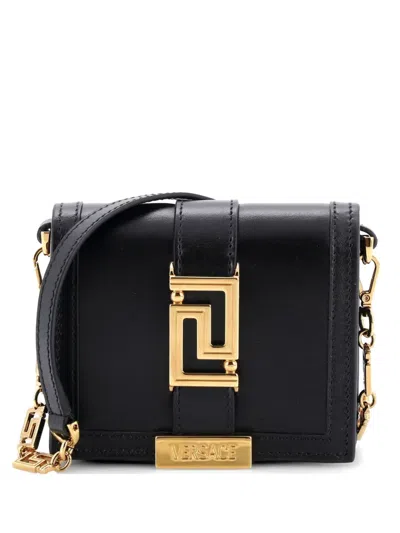 Pre-owned Versace Greca Goddess Wallet On Chain Leather Mini Crossbody Bag In Black