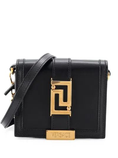 Pre-owned Versace Greca Goddess Wallet On Chain Leather Mini Crossbody Bag In Black