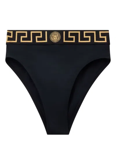 Versace Slip A Vita Alta Con Dettaglio Greca E Medusa In Cotone Stretch Nero Donna In Blue