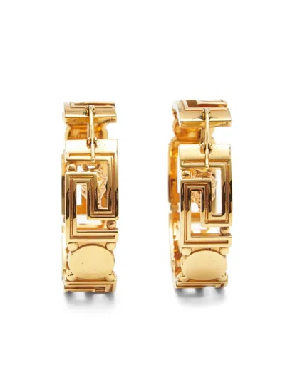 Pre-owned Versace Greca Hoop Earrings In Gold