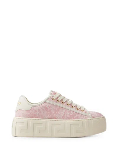 Versace Greca Jacquard Canvas Platform Sneakers In Pink