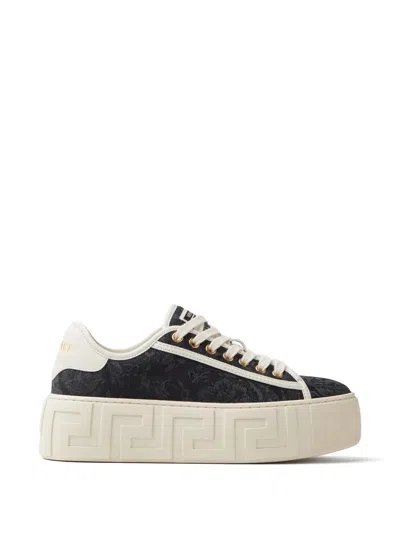 Versace Greca Jacquard Canvas Platform Trainers In Black