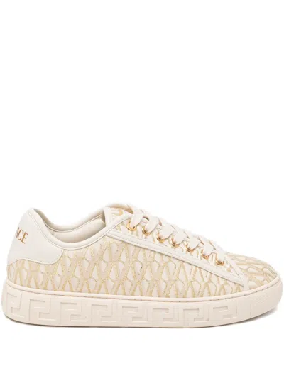 Versace Greca Jacquard Canvas Low-top Sneakers In Neutral