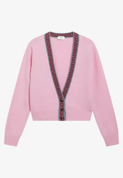 Versace Greca Jacquard Wool Cashmere Cardigan In Pink