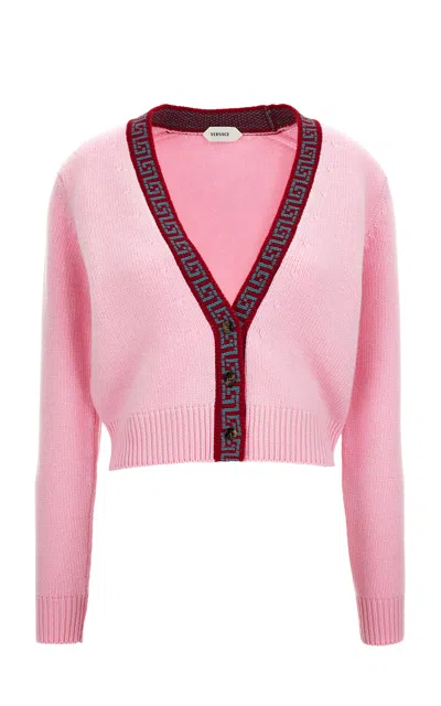Versace Greca Knit Cardigan In Pink