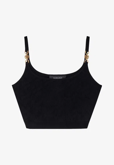 Versace Greca Knitted Cropped Top In Black