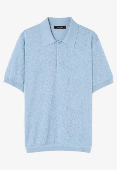 Versace Greca Knitted Polo T-shirt In Light Blue