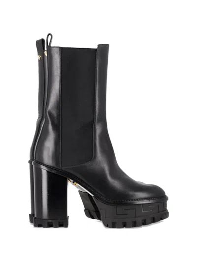 Pre-owned Versace Greca Labyrinth Platform Ankle Boots In Black