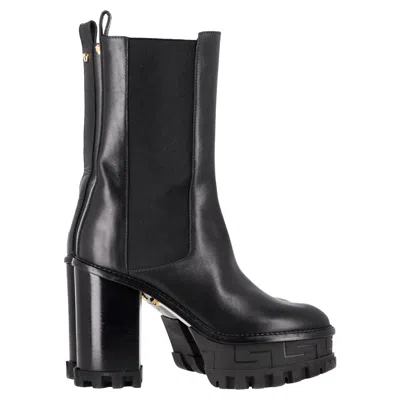 Versace Greca Labyrinth Platform Ankle Boots In Black Leather
