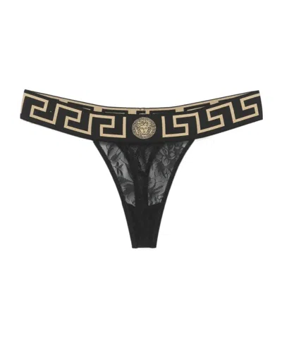 Versace Greca Laced Thong In Black