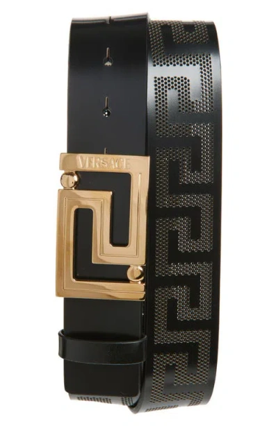 Versace Greca Leather Belt In Black- Gold