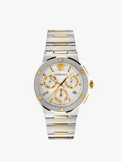 Pre-owned Versace Greca Logo Chrono Stainless Steel Chronograph Bracelet Watch
