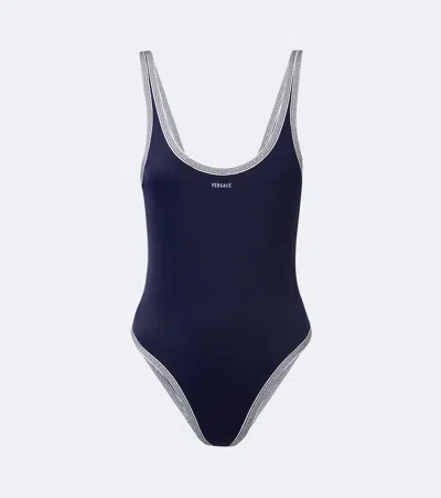 Versace Greca Logo Embroidered Swimsuit In Blue
