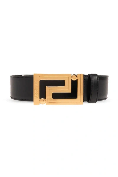 Versace Greca Logo Engraved Belt In Black