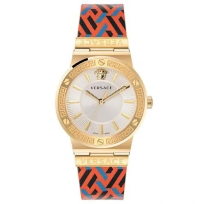 Pre-owned Versace Greca Logo Monogram Multi-hued Leather Strap Watch | 38mm | Vevh01521