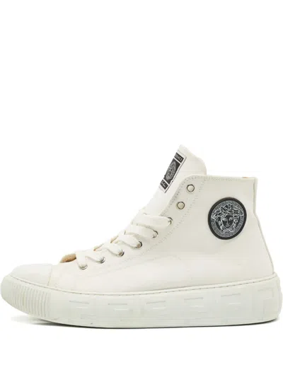 Pre-owned Versace Greca Logo-patch High-top Sneakers In White