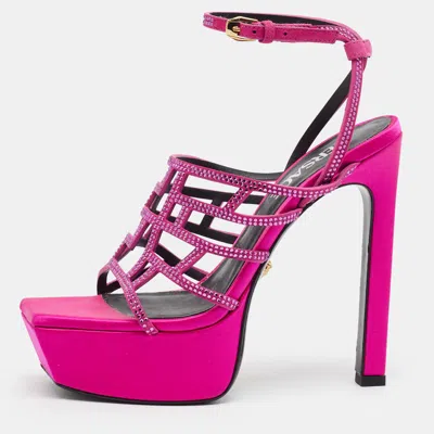 Pre-owned Versace Greca Maze Crystal Embellished Size 36 Pink Suede Platform Sandals