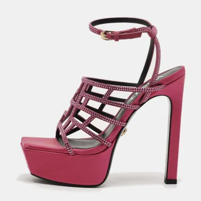 Pre-owned Versace Greca Maze Crystal Embellished Size 39 Pink Suede Platform Sandals