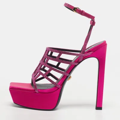 Pre-owned Versace Greca Maze Crystal Embellished Size 39 Pink Suede Platform Sandals