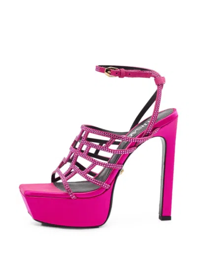 Pre-owned Versace Greca Maze Crystal-embellished Sandals In Pink