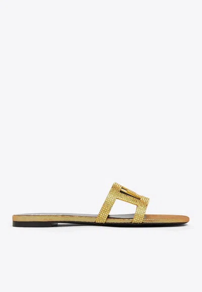Versace Greca Maze Flat Crystal Embellished Sandals In Gold