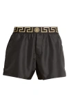 Versace Black Swimsuit Shorts With Greca Detail In Tech Fabric Man In Black Gold Greek Key