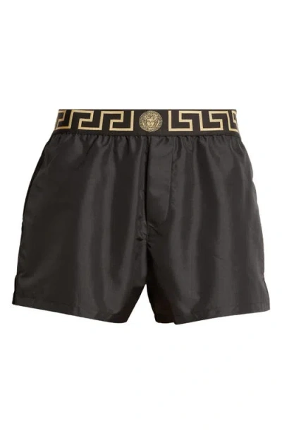 Versace Men's Mid-length Greek Key Swim Shorts In Black