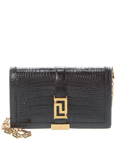 Versace Greca Mini Croc-embossed Leather Wallet On Chain In Black