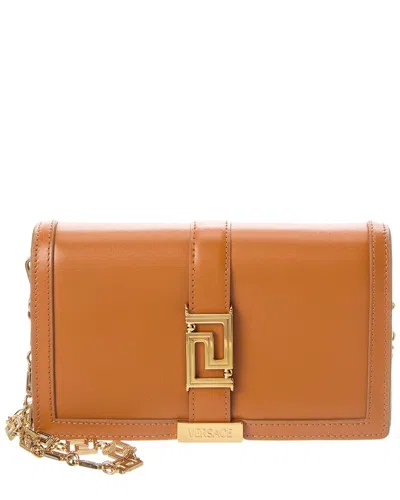Versace Greca Mini Leather Wallet On Chain In Brown