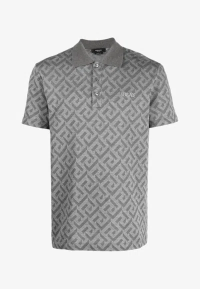 Versace Greca Monogram Polo T-shirt In Gray