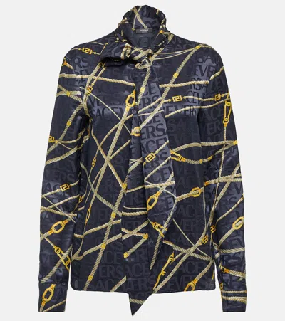 Versace Greca Nautical Tie-neck Blouse In Blue