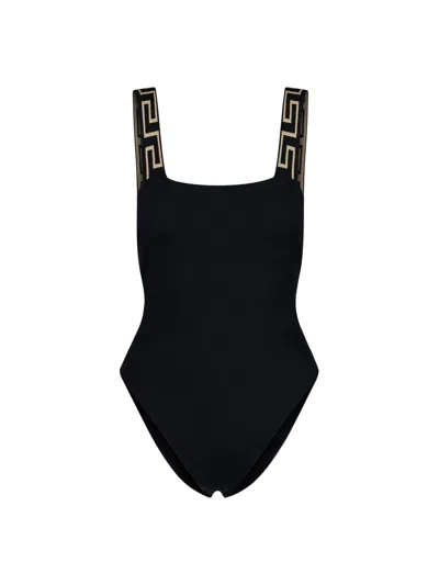 Versace One Piece Swimsuit With Greek Border In Black