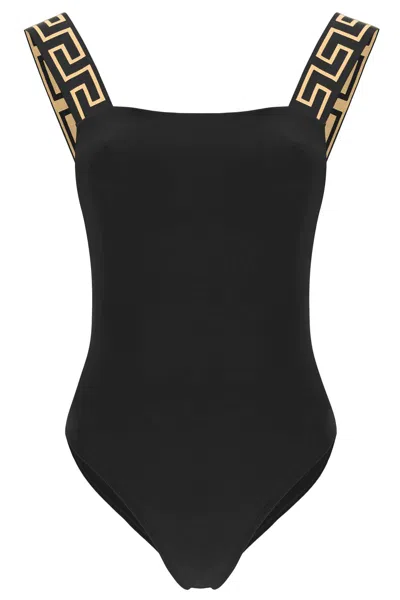 Versace One Piece Swimsuit With Greek Border In Black