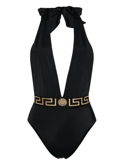 Versace Greca One-piece Swimsuit With V-neck In Black