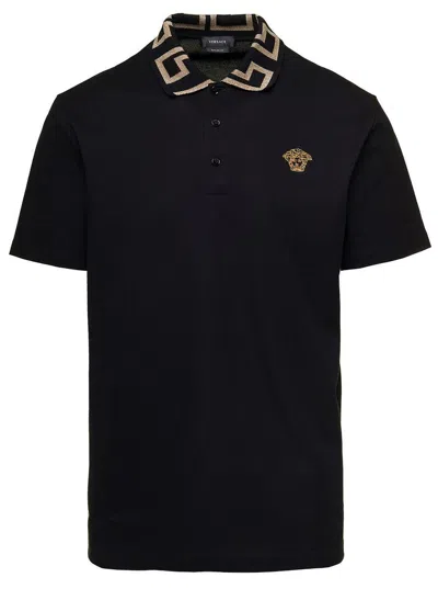 Versace Greca Organic Cotton Polo Shirt In Black