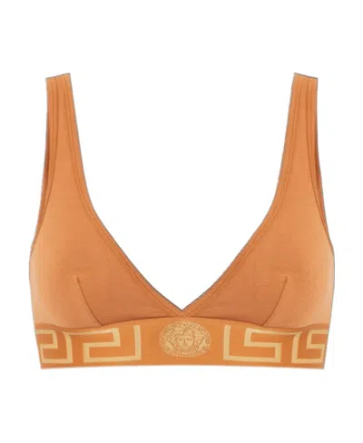 Versace Greca-pattern Bikini Top In Brown