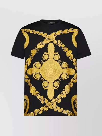 Versace Greca Pattern Cotton Crew Neck T-shirt In Black