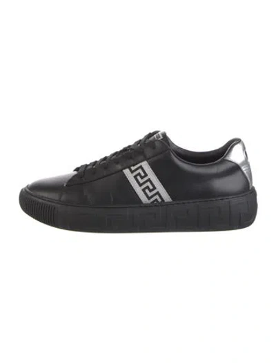 Pre-owned Versace Greca Pattern Leather Sneakers In Black/orange