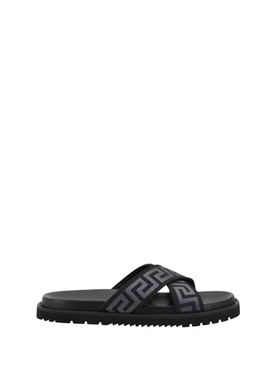 Versace Greca Pattern Sandals In Black +anthracite