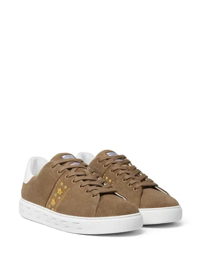 Versace Greca Embellished Suede Sneakers In Brown