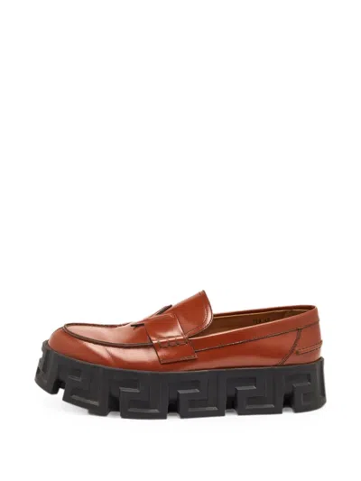 Pre-owned Versace Greca Platform Loafers In Brown