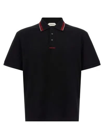 Versace Greca Pattern Cotton Polo Shirt With Contrast Embroidered Logo In Black