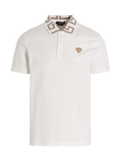 Versace 'greca' Polo Shirt In White