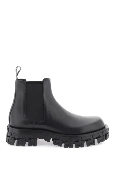 Versace Black Leather Greca Portico Ankle Boots In Nero