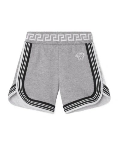 Versace Kids' Greca Print Cotton Shorts In Grey