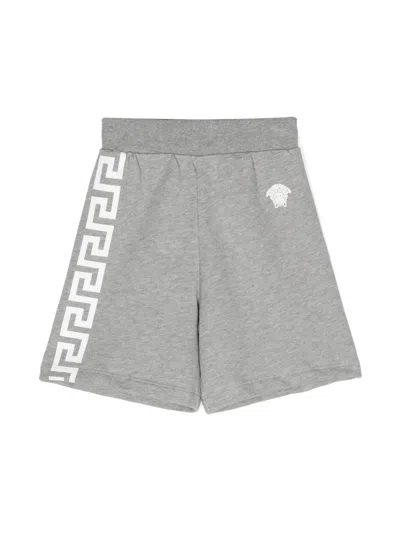 Versace Kids' Greca-print Cotton Shorts In Grey