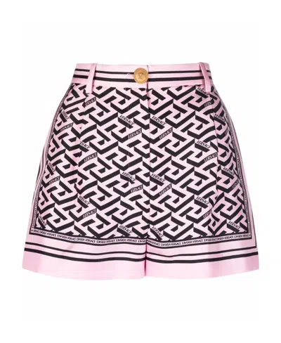 Versace Greca-print Silk Shorts In Pink