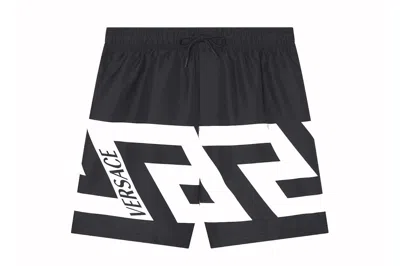 Pre-owned Versace Greca Print Swim Shorts Black/white